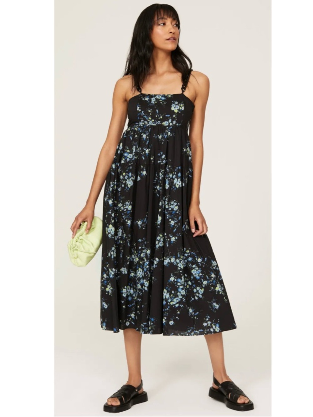 Les Reveries Floral Chain Strap Tiered Poplin A-Line Midi Dress Boho Black 6
